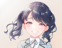Rule 34 | 1girl, artist request, black hair, black ribbon, blazer, commentary request, flower, fukumaru koito, gradient background, grey jacket, grin, hair flower, hair ornament, highres, idolmaster, idolmaster shiny colors, jacket, looking at viewer, neck ribbon, portrait, purple eyes, ribbon, school uniform, simple background, smile, solo, swept bangs, twintails, upper body