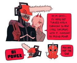 Rule 34 | + +, 1girl, 2boys, chainsaw, chainsaw man, character name, chibi, claireiosity, cosplay, crossover, demon girl, demon horns, denji (chainsaw man), dorohedoro, english text, fang, fangs, gloves, grey shirt, hair over one eye, hood, hood down, hoodie, horns, kaiman (dorohedoro) (cosplay), long hair, long sleeves, looking at viewer, multicolored eyes, multiple boys, nikaidou (dorohedoro) (cosplay), pink hair, pochita (chainsaw man), power (chainsaw man), red eyes, red gloves, red horns, sharp teeth, shirt, simple background, sleeves past elbows, smile, speech bubble, talking, teeth, v, white background, yellow eyes