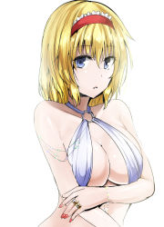 Rule 34 | 1girl, :o, alice margatroid, alternate costume, bikini, blonde hair, blue eyes, bracelet, breast hold, breasts, cleavage, collarbone, commentary, hairband, highres, jewelry, large breasts, lolita hairband, looking at viewer, nail polish, o-ring, o-ring bikini, red hairband, red nails, ring, short hair, solo, swimsuit, touhou, upper body, white background, white bikini, y2