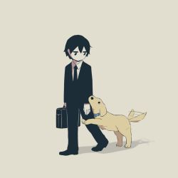 Rule 34 | 1boy, animal collar, avogado6, black bag, black eyes, black footwear, black hair, black jacket, black necktie, black pants, business suit, collar, dog, eye contact, formal, grey background, holding, holding suitcase, jacket, jitome, long sleeves, looking at another, looking down, looking up, male focus, necktie, no mouth, original, pants, shirt, shoes, short hair, simple background, solo, standing, suit, suitcase, tail, tail wagging, white shirt