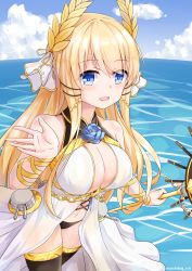 Rule 34 | 1girl, absurdres, artist name, azur lane, black panties, black thighhighs, blonde hair, blue eyes, blush, breasts, chain, cleavage, cloud, commentary request, cowboy shot, day, flower ornament, hair ornament, hair ribbon, highres, holding, holding staff, large breasts, laurel crown, long hair, ocean, outdoors, outstretched hand, panties, ribbon, rigging, sky, solo, staff, standing, standing on liquid, thighhighs, turret, underwear, veil, very long hair, victorious (azur lane), watchdog rol (y1104280730), wrist ribbon