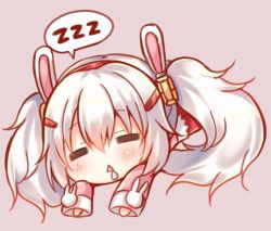Rule 34 | 1girl, = =, animal ears, azur lane, blush, rabbit ears, chibi, commentary request, facing viewer, grey hair, laffey (azur lane), long hair, long sleeves, lying, on stomach, parted lips, pink background, simple background, sleeves past wrists, solo, speech bubble, suzunone rena, triangle mouth, twintails, zzz