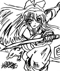 1girl ainu_clothes arm_up artist_name breasts fingerless_gloves gloves hair_ribbon heart highres leg_lift leg_up legs long_hair looking_at_viewer mamahaha monochrome nakoruru open_mouth pants ribbon samurai_spirits sketch small_breasts snk teeth the_king_of_fighters thighs tongue traditional_media weapon