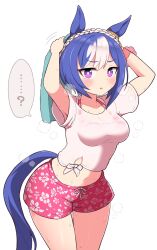 Rule 34 | ..., ...?, 1girl, ?, animal ears, armpits, arms up, blue hair, braid, breasts, cesario (umamusume), commentary request, cowboy shot, crown braid, ear ornament, floral print, gaze on me! outfit (umamusume), hair between eyes, highres, holding, holding towel, horse ears, horse girl, horse tail, looking at viewer, medium breasts, multicolored hair, pink shorts, purple eyes, see-through, shirt, short hair, short sleeves, shorts, simoyuki, simple background, solo, spoken ellipsis, spoken question mark, streaked hair, sweat, tail, towel, umamusume, white background, white hair, white shirt, wiping sweat