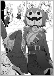 Rule 34 | 2girls, ahoge, belt, breasts, crown, dress, epaulettes, fate/grand order, fate (series), fujimaru ritsuka (female), fujimaru ritsuka (female) (halloween royalty), glasses, greyscale, highres, jacques de molay (foreigner) (fate), medium breasts, mini crown, monochrome, multiple girls, official alternate costume, pumpkin hat, smile, stretching, sweat, nervous sweating, syatey