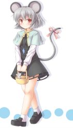 Rule 34 | 1girl, animal ears, basket, blush, capelet, full body, grey hair, highres, jewelry, loafers, mouse (animal), mouse ears, mouse tail, nazrin, pendant, red eyes, ribbon, shoes, short hair, simple background, skirt, skirt set, smile, solo, tail, tail ornament, tail ribbon, touhou, white background, yuu (yu0221f)