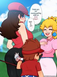 Rule 34 | 1boy, 2girls, annoyed, ass, ass grab, blonde hair, blush, breasts, brown hair, closed eyes, donkey kong (series), ear piercing, english text, from behind, golf, golf club, golf pauline, golf peach, grabbing, grabbing another&#039;s ass, highres, holding, holding golf club, long hair, looking at viewer, looking back, mario, mario (series), mario golf, mario golf: super rush, multiple girls, nintendo, open mouth, pauline (mario), piercing, princess peach, scocks4you, size, smile, speech bubble, sweatdrop