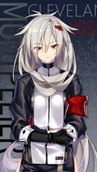 Rule 34 | 1girl, adapted costume, armband, azur lane, black gloves, breasts, closed mouth, commentary, cowboy shot, deathalice, english commentary, english text, expressionless, eyes visible through hair, fingerless gloves, gloves, grey hair, hair between eyes, hair over one eye, highres, long hair, long sleeves, looking at viewer, messy hair, montpelier (azur lane), narrowed eyes, red eyes, small breasts, solo, standing, very long hair