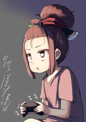 Rule 34 | 1girl, alternate hairstyle, bags under eyes, bangs pinned back, blade, brown eyes, brown hair, brown shirt, commentary request, concentrating, controller, emuesukei, eye reflection, forehead, game controller, hair bun, hair strand, headgear, highres, holding, holding controller, holding game controller, hunched over, light, looking ahead, looking at screen, open mouth, playing games, reflection, shirt, short sleeves, sidelocks, single hair bun, sitting, solo, sound effects, t-shirt, touhoku kiritan, translation request, upper body, v-shaped eyebrows, voiceroid