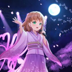Rule 34 | 1girl, :d, absurdres, blush, brown hair, cherry blossoms, crossed bangs, falling petals, full moon, green eyes, hands up, highres, hinoshita kaho, holding, holding microphone, japanese clothes, kimono, lace-trimmed sash, link! like! love live!, love live!, medium hair, microphone, moon, motion blur, music, night, night sky, open mouth, petals, pink kimono, pink sash, pink skirt, sash, side ahoge, singing, skirt, sky, smile, solo, stage lights, upper body, virtual youtuber, yutuki ame