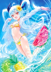 Rule 34 | 1girl, :d, bare legs, bikini, blue bow, blue hair, blush, bow, breasts, cleavage, day, floating hair, flower, full body, groin, hair between eyes, hair bow, hair flower, hair ornament, hou no ka, innertube, jacket, jumping, long hair, long sleeves, navel, open clothes, open jacket, open mouth, original, outstretched arm, red eyes, see-through, see-through jacket, side-tie bikini bottom, sideboob, small breasts, smile, solo, summer, sunflower, swim ring, swimsuit, twintails, very long hair, white jacket, yellow bikini, yellow flower