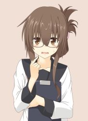 Rule 34 | 1girl, bespectacled, blush, brown eyes, brown hair, collarbone, commentary request, folded ponytail, glasses, hair between eyes, holding, inazuma (kancolle), kantai collection, kisaragi yuu (re:lucks), long hair, looking at viewer, open mouth, pointing, pointing at self, school uniform, sidelocks, simple background, solo, sweatdrop, upper body, wavy mouth