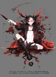 Rule 34 | 1boy, androgynous, antlers, arm up, black hair, black jacket, black shorts, blood, blood splatter, boots, burn, choker, collarbone, ear piercing, eyes visible through hair, gradient hair, grey background, grin, heterochromia, high heel boots, high heels, highres, holding, holding knife, horns, jacket, knee boots, knife, long hair, looking at viewer, morino bambi, multicolored hair, nail polish, navel, original, piercing, pile of skulls, red hair, red nails, scar, sharp teeth, shorts, sitting, smile, solo, teeth, torn clothes, trap, twitter username, unzipped, very long hair