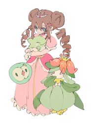 Rule 34 | 1girl, blue eyes, bright pupils, choker, creatures (company), double bun, dress, drill hair, game freak, gen 5 pokemon, gloves, hair between eyes, hair bun, highres, holding, holding stuffed toy, lilligant, long hair, n29670007, nintendo, no nose, pink choker, pink dress, pokemon, pokemon (creature), pokemon bw2, pokestar studios, puffy short sleeves, puffy sleeves, rosa (pokemon), short sleeves, simple background, solosis, stuffed toy, substitute (pokemon), tiara, twin drills, white background, white gloves, white pupils
