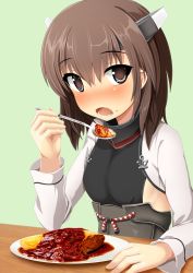 Rule 34 | 10s, 1girl, bad id, bad nicoseiga id, blush, brown eyes, brown hair, eating, food, hair between eyes, headband, headgear, highres, kantai collection, looking at viewer, omelet, omurice, open mouth, plate, short hair, solo, spoon, sudou noboru, table, taihou (kancolle)
