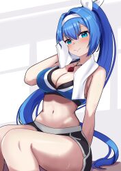 Rule 34 | 1girl, absurdres, alyssa (specktech), black shorts, black sports bra, blue eyes, blue hair, blue sports bra, blush, closed mouth, crop top, hairband, highres, long hair, looking at viewer, midriff, navel, nise no tsubo, original, ponytail, second-party source, shorts, simple background, sitting, smile, solo, sports bra, sweat, towel, towel around neck, two-tone sports bra, white background, white hairband