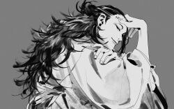 Rule 34 | 1boy, chenalii, earrings, getou suguru, greyscale, hand on own arm, hand on own forehead, japanese clothes, jewelry, jujutsu kaisen, kenjaku, kimono, long hair, looking at viewer, loose hair strand, male focus, monochrome, scar, scar on face, scar on forehead, simple background, smile, solo, stitched face, stitches, stud earrings, upper body