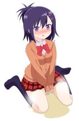 Rule 34 | 1girl, absurdres, between legs, black socks, blush, bow, bowtie, embarrassed, female focus, fizu, flat chest, full body, gabriel dropout, hair ornament, hairclip, hand between legs, highres, jacket, kneehighs, long sleeves, looking at viewer, miniskirt, nose blush, open mouth, orange jacket, own hands together, peeing, peeing self, plaid, plaid skirt, pleated skirt, ponytail, puddle, purple eyes, purple hair, red bow, red bowtie, red skirt, school uniform, shirt, short hair, simple background, sitting, skirt, socks, solo, steam, sweat, tears, trembling, v arms, vignette tsukinose april, wariza, white background, white shirt