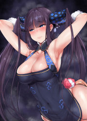 Rule 34 | 1girl, armpits, arms behind head, arms up, bare shoulders, black dress, blue eyes, blunt bangs, blush, breasts, china dress, chinese clothes, cleavage, closed mouth, covered navel, detached sleeves, dress, fate/grand order, fate (series), hair ornament, highres, katsura harufumi, large breasts, long hair, looking to the side, purple hair, side slit, sidelocks, solo, thighs, twintails, very long hair, yang guifei (fate), yang guifei (second ascension) (fate)