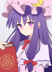 Rule 34 | 1girl, :|, absurdres, book, bow, capelet, closed mouth, crescent, crescent pin, grey background, hair bow, hat, highres, holding, holding book, long hair, looking at viewer, mob cap, patchouli knowledge, pink hat, purple capelet, purple eyes, purple hair, red bow, red neckwear, sidelocks, simple background, solo, touhou, upper body, yoriteruru