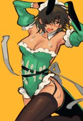Rule 34 | 1girl, animal ears, black hair, black thighhighs, blush, chainsaw man, detached collar, detached sleeves, eyepatch, fake animal ears, fur-trimmed leotard, fur trim, garter straps, green leotard, green sleeves, highres, himeno (chainsaw man), leotard, liowig, looking to the side, maid headdress, open mouth, rabbit ears, short hair, simple background, solo, strapless, strapless leotard, sweat, thighhighs, yellow background