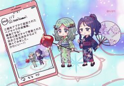 Rule 34 | 2girls, :&lt;, aqua hair, arm at side, blue eyes, blue hair, blue kimono, blue sash, brown footwear, candy apple, cellphone, chibi, floral print, flower, food, footwear request, full body, futaba sana, green eyes, green kimono, hair down, hair flower, hair ornament, hand fan, hand up, hands up, japanese clothes, kimono, long sleeves, magia record: mahou shoujo madoka magica gaiden, mahou shoujo madoka magica, medium hair, multicolored background, multiple girls, nanami yachiyo, no nose, obi, official alternate costume, official alternate hairstyle, parted bangs, phone, ponytail, print kimono, purple sash, sash, sidelocks, smartphone, smile, standing, totte, twitter username, wavy hair, yukata
