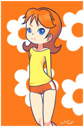 Rule 34 | 1girl, aged down, arms behind back, blue eyes, brown hair, collarbone, drantyno, flat chest, floral background, long hair, long sleeves, looking at viewer, mario (series), nintendo, orange background, orange shorts, princess daisy, shirt, shorts, smile, standing, super mario land, yellow shirt