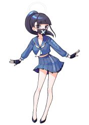 Rule 34 | 1girl, 28 (282teeth), absurdres, bare legs, black eyes, black footwear, black gloves, black hair, black mask, blue archive, blue serafuku, blunt bangs, cropped shirt, fingerless gloves, full body, gloves, halo, highres, long sleeves, looking at viewer, mask, midriff, mouth mask, neckerchief, pleated skirt, ponytail, school uniform, serafuku, simple background, skirt, solo, sukeban (smg) (blue archive), white background, white neckerchief, x