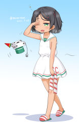 Rule 34 | 1girl, black eyes, black hair, braid, commentary request, creature, dress, food, full body, hat, unworn hat, unworn headwear, kantai collection, masara (chuujou), neckerchief, unworn neckerchief, one-hour drawing challenge, one eye closed, popsicle, rubbing eyes, sailor collar, sailor dress, scirocco (kancolle), short hair, sleepy, sleeveless, sleeveless dress, slippers, striped neckerchief, tan, translation request, two side up, watermelon bar, white sailor collar