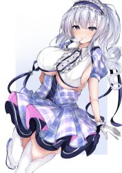 Rule 34 | 1girl, azur lane, breasts, center frills, clothing cutout, dido (azur lane), dido (muse) (azur lane), finger to mouth, framed breasts, frilled hairband, frilled shirt, frills, gloves, hairband, highres, large breasts, long hair, looking at viewer, mutou mame, purple hairband, purple skirt, shirt, sideboob, silver hair, skirt, solo, underboob, underboob cutout, white gloves, white legwear, white shirt