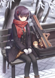 Rule 34 | 1girl, bad id, bad pixiv id, bag, bench, black jacket, black pantyhose, blush, breasts, breath, brown footwear, bullpup, character doll, closed mouth, commentary, curled fingers, feet out of frame, fringe trim, girls&#039; frontline, gloves, gun, hair ornament, hair ribbon, hands on own thighs, highres, jacket, kalina (girls&#039; frontline), light blush, light brown skirt, long hair, looking at viewer, medium breasts, necktie, nieun3568, official alternate costume, one side up, open bag, outdoors, pantyhose, pavement, plaid, plaid skirt, pleated skirt, pocket, purple hair, red eyes, red necktie, red ribbon, red scarf, ribbon, rifle, scarf, scope, scowl, shadow, shirt, sitting, skirt, sniper rifle, snow, snowflake hair ornament, snowflake print, solo, stuffed animal, stuffed reindeer, stuffed toy, tree, tsurime, twig, v-shaped eyebrows, wa2000 (date in the snow) (girls&#039; frontline), wa2000 (girls&#039; frontline), walther, walther wa 2000, wavy mouth, weapon, white gloves, white shirt, winter, winter clothes, wooden bench