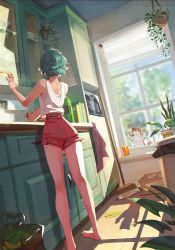 Rule 34 | 1girl, against window, animal, casual, cat, commentary, day, dutch angle, english commentary, green hair, high-waist shorts, highres, ilse harting, indoors, kitchen, kneepits, long legs, original, red shorts, shadow, short hair, shorts, solo focus, standing, tank top, window