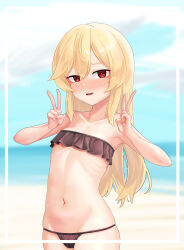 Rule 34 | 1girl, absurdres, bare arms, bare shoulders, beach, bikini, black bikini, blonde hair, blue sky, blurry, blurry background, blush, character request, cloud, collarbone, commentary request, day, depth of field, double v, frilled bikini, frills, girls&#039; frontline, groin, hair between eyes, highres, horizon, light leave, long hair, looking at viewer, navel, nose blush, ocean, outdoors, parted lips, red eyes, sand, sky, smile, solo, strapless, strapless bikini, swimsuit, v, very long hair, water