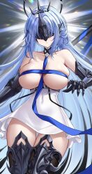 Rule 34 | 1girl, absurdres, alsace (azur lane), areola slip, armored gloves, armored legwear, azur lane, bare shoulders, black gloves, blue hair, breasts, closed mouth, collarbone, commentary, covered eyes, elbow gloves, eternity (shadeh), gloves, highres, large breasts, long hair, skindentation, thighhighs, thighs