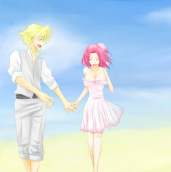 Rule 34 | 1boy, 1girl, beach, blonde hair, blue sky, blush, breasts, cleavage, code geass, dress, closed eyes, formal, gino weinberg, holding hands, hand up, happy, kouzuki kallen, laughing, lowres, open mouth, pink hair, sky, smile, suit, sunrise (company), walking, white dress, white suit