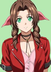 Rule 34 | 1girl, absurdres, aerith gainsborough, belt, breasts, brown hair, choker, cleavage, closed mouth, dress, drill hair, female focus, final fantasy, final fantasy vii, flower choker, green background, green eyes, hair ornament, hair ribbon, highres, jacket, long hair, looking at viewer, parted bangs, pink dress, pink ribbon, red jacket, ribbon, short sleeves, simple background, smile, solo, upper body, yuuyuu (3jjbn)