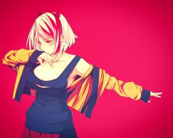 Rule 34 | 1girl, blonde hair, bonkiru, breasts, cardigan, cleavage, clothes pull, collarbone, covered mouth, dab (dance), demon horns, earrings, fake horns, gradient background, hairband, highres, horns, jewelry, large breasts, looking to the side, multicolored hair, open cardigan, open clothes, original, pleated skirt, red background, red eyes, red hair, red skirt, short hair, skirt, solo, streaked hair, stud earrings, sweater, sweater pull, tank top, two-tone hair, upper body