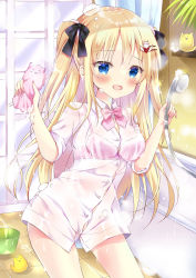 Rule 34 | 1girl, bath, bathtub, bitter crown, black bow, blonde hair, blue eyes, blush, bow, bra, breasts, collared shirt, commentary request, dress shirt, hair bow, hair ornament, hairclip, hands up, highres, holding, indoors, long hair, looking at viewer, moe2022, mole, mole under mouth, no pants, open mouth, original, pink bow, pink bra, see-through, shirt, shower head, small breasts, soap bubbles, solo, two side up, underwear, very long hair, wet, wet clothes, wet shirt, white shirt