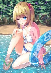 Rule 34 | 1girl, ;p, absurdres, ahoge, bare legs, bikini, blue background, blurry, breasts, cleavage, depth of field, feet, frilled bikini, frills, hair ornament, hair scrunchie, hand on own knee, highres, jacket, medium breasts, navel, one eye closed, one side up, open clothes, open jacket, original, partially submerged, sandals, scrunchie, sitting, sleeves past wrists, solo, sweatdrop, swimsuit, toes, tongue, tongue out, unasaka ryou, white bikini