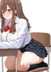 Rule 34 | 1girl, black skirt, black socks, blush, breasts, brown hair, chair, collared shirt, commentary, commentary request, desk, grin, kaisen chuui, kneehighs, kneeling, large breasts, long hair, long sleeves, necktie, original, parted lips, purple eyes, red necktie, school uniform, shirt, shirt tucked in, simple background, skirt, smile, socks, solo, teeth, thighs, white background, white shirt