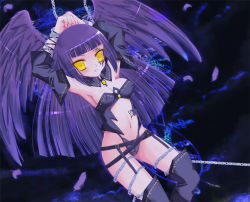 Rule 34 | 1girl, arms up, bad id, bad pixiv id, bdsm, bondage, bound, breasts, chain, kay, kay (utd), long hair, navel, original, purple hair, small breasts, solo, tattoo, thighhighs, wings, yellow eyes