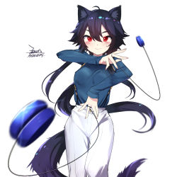 Rule 34 | 1girl, animal ears, black hair, blue shirt, blush, breasts, commentary request, dated, ejami, ekko (ejami), fox ears, fox girl, fox tail, long hair, looking at viewer, original, red eyes, shirt, signature, simple background, smile, solo, tail, white background, yo-yo