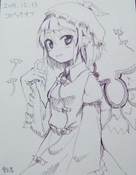 Rule 34 | 1girl, animal ears, artist name, bird ears, bird wings, blush, dated, doroame (ameyu), dress, earrings, fingernails, frilled sleeves, frills, hair between eyes, jewelry, long fingernails, long sleeves, monochrome, mystia lorelei, open mouth, photo (medium), second-party source, sharp fingernails, short hair, signature, single earring, smile, solo, touhou, traditional media, upper body, wide sleeves, winged hat, wings