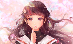 Rule 34 | 1girl, artist name, blunt bangs, blurry, blurry background, blush, brown eyes, brown hair, cardcaptor sakura, cherry blossoms, covered mouth, daidouji tomoyo, depth of field, flower, hair flower, hair ornament, index finger raised, long hair, long sleeves, looking at viewer, numyumy, outdoors, petals, solo, tareme, turtleneck, upper body