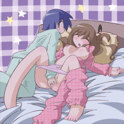 Rule 34 | 1boy, 1girl, aoba (aunana), bed, blue eyes, blue hair, blush, breasts, brother and sister, brown hair, closed eyes, fingering, hetero, incest, large breasts, lying, nipples, on back, open clothes, open mouth, open shirt, original, pajamas, panties, pants around one leg, panty pull, shirt, siblings, sleep molestation, sleeping, uncensored, underwear, unmoving pattern