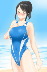Rule 34 | 1girl, black hair, brown eyes, competition swimsuit, d9 (t1982), highres, one-piece swimsuit, original, ponytail, short hair, solo, swimsuit, t1982