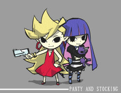Rule 34 | 2girls, back lace, black hair, blonde hair, dress, gun, honekoneko (psg), long hair, multicolored hair, multiple girls, nintendo, panty &amp; stocking with garterbelt, panty (psg), pantyhose, parody, siblings, sisters, sones, stocking (psg), striped clothes, striped pantyhose, stuffed animal, stuffed cat, stuffed toy, style parody, the legend of zelda, the legend of zelda: the wind waker, thighhighs, two-tone hair, weapon