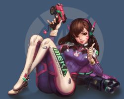 Rule 34 | 1girl, animal print, arm cannon, armor, ass, blue bodysuit, bodysuit, boots, bracer, breasts, brown eyes, brown hair, cable, cameltoe, charm (object), clothes writing, covered erect nipples, crossed legs, d.va (overwatch), emblem, eyelashes, facepaint, facial mark, finger on trigger, gatling gun, gloves, gun, hand up, handgun, headphones, high collar, holding, holding gun, holding weapon, index finger raised, knee pads, knees up, lipstick, logo, long hair, long sleeves, makeup, medium breasts, on floor, overwatch, overwatch 1, parted lips, pauldrons, pilot suit, pink lips, pinky out, pistol, qsun, rabbit print, ribbed bodysuit, shadow, shoulder armor, shoulder pads, simple background, sitting, skin tight, smile, solo, thigh boots, thigh strap, thighhighs, weapon, whisker markings, white footwear, white gloves