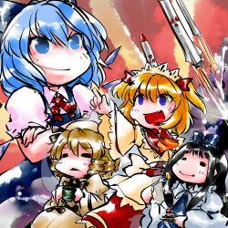 Rule 34 | 4girls, black hair, blonde hair, blue dress, blue eyes, blue hair, blush, cake, cake slice, cirno, closed eyes, dress, drill hair, fairy wings, fang, food, long hair, looking at another, luna child, missile, multiple girls, nyoron (fudegatana), red dress, red hair, short hair, smile, star sapphire, sunny milk, touhou, two side up, war, white dress, wings