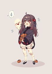Rule 34 | 1girl, :3, aged down, ahoge, bandage on knee, black footwear, black nails, bloomers, brown hair, bruise, bruise on face, chinese clothes, coat, flower, food, fruit, full body, genshin impact, ghost, grey background, grey coat, hair flower, hair ornament, hair tassel, highres, holding, holding food, holding fruit, hu tao (genshin impact), injury, kneehighs, long hair, long sleeves, nail polish, open mouth, persimmon, plum blossoms, red eyes, shoes, simple background, socks, solo, speech bubble, ssm (ssm82048039), standing, star-shaped pupils, star (symbol), sweatdrop, symbol-shaped pupils, tassel, tassel hair ornament, twintails, underwear, white socks, wide sleeves